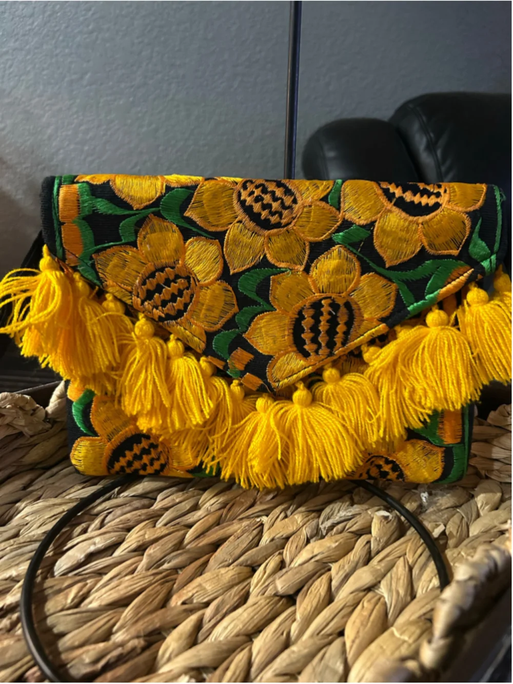 Women's Unbranded Sunflower Embroidered Clutch Bag, One Size, Black and Yellow